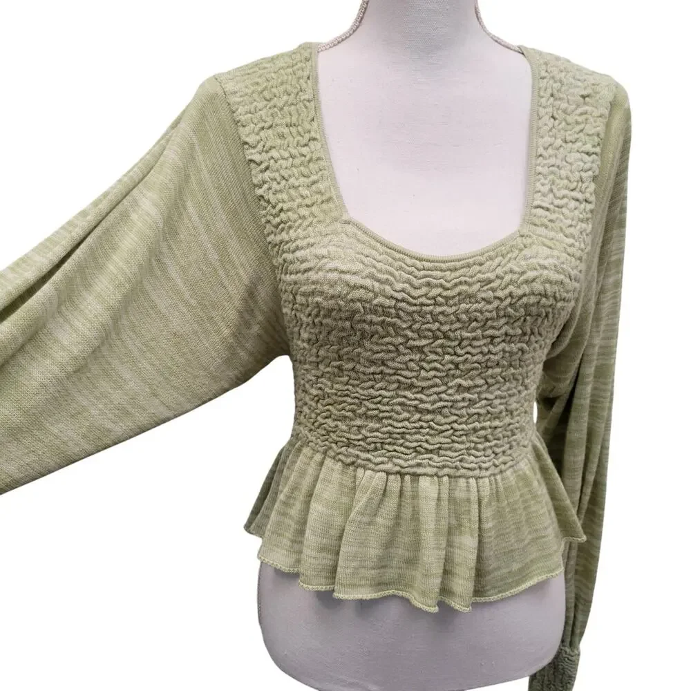 Free People Peplum Top Women's XS Green Free Spirit Long Sleeve Smocked Boho